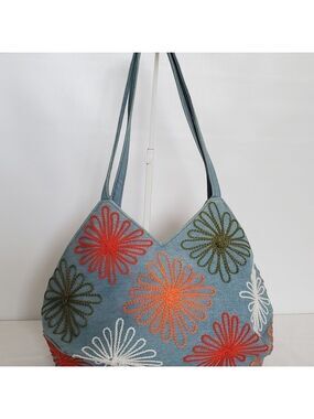 DENIM HANDBAG BOHO HIPPIE RETRO 70'S HOBO SHOULDER EMBROIDERED